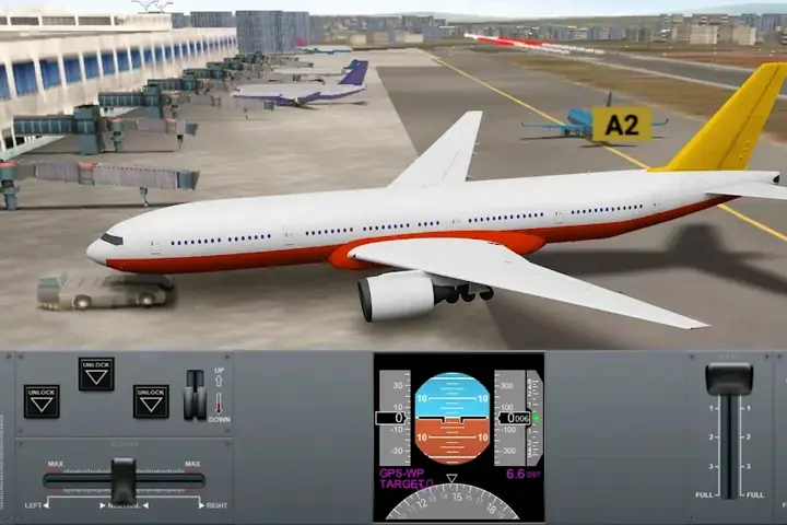 Verkehrsmaschine am Terminal mit Cockpit-Anzeigen aus Airline Commander: Flight Game