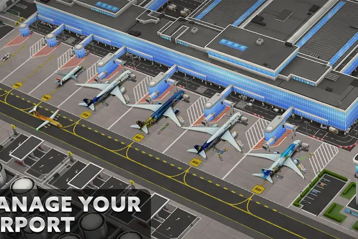 Isometrische Flughafenansicht mit Terminals und wartenden Maschinen aus Airport Simulator: Plane City