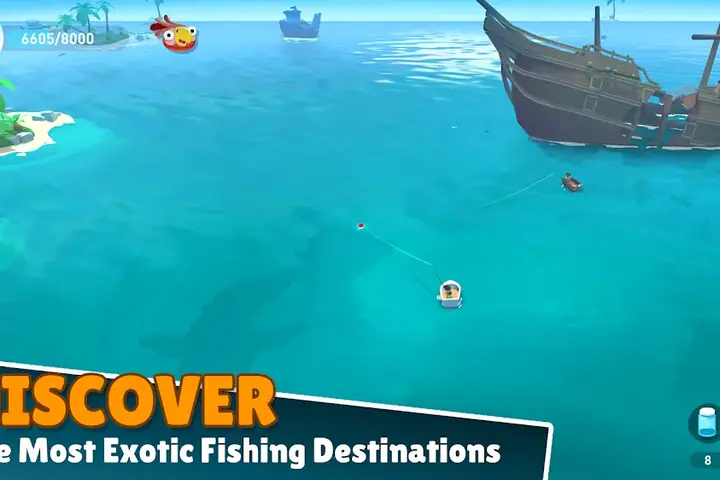 Türkisfarbene Bucht mit Insel und Segelschiff aus Creatures of the Deep: Fishing